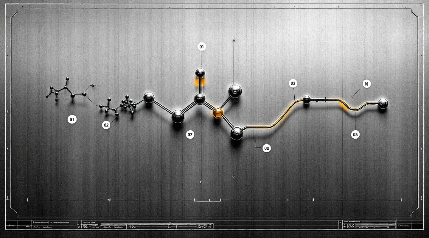Engineering-style assembly drawing of two abstract peptide parts with callout balloons and dimension annotations